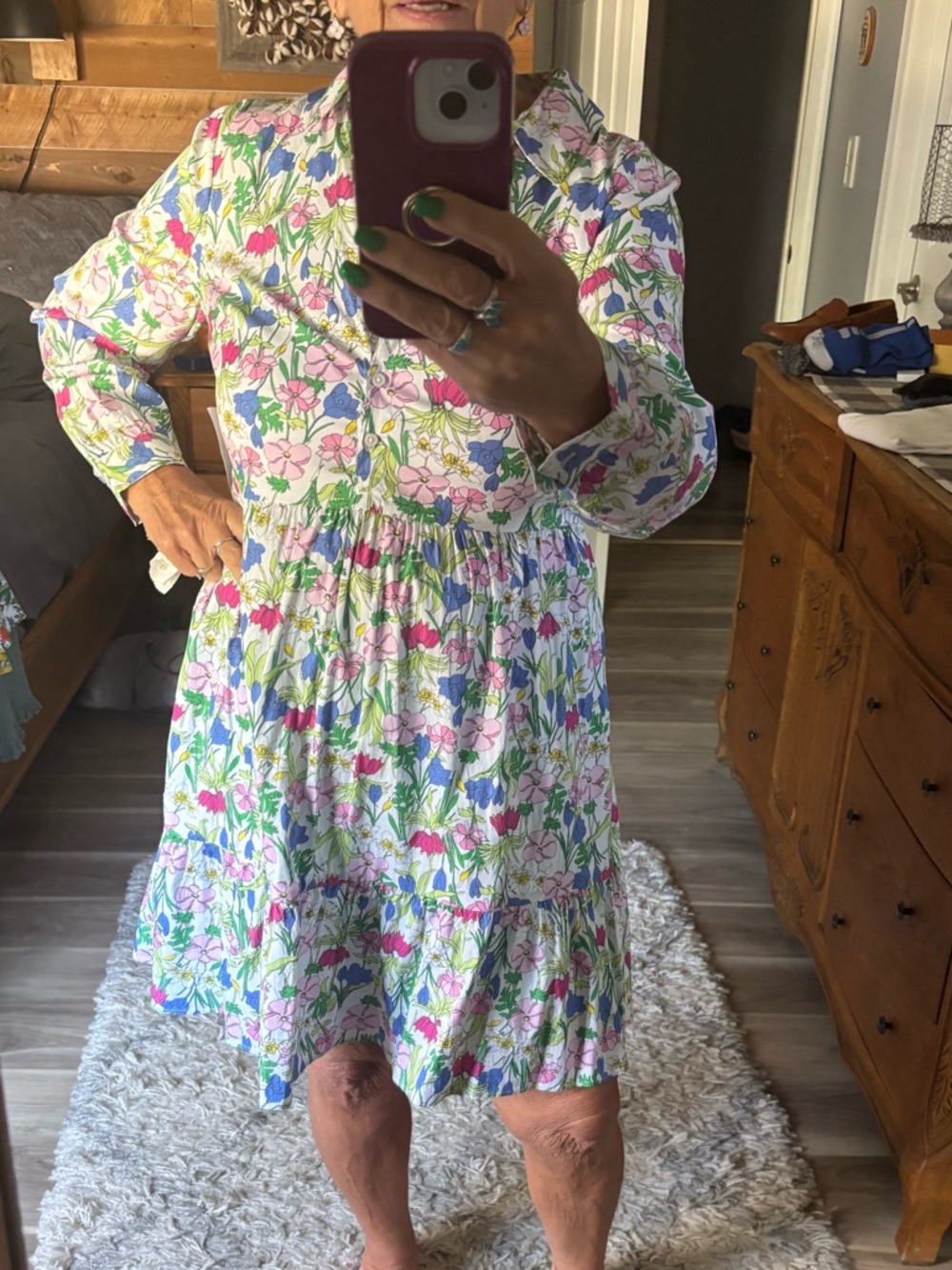 Charter Club White Floral Print Long-Sleeve Dress Size MP